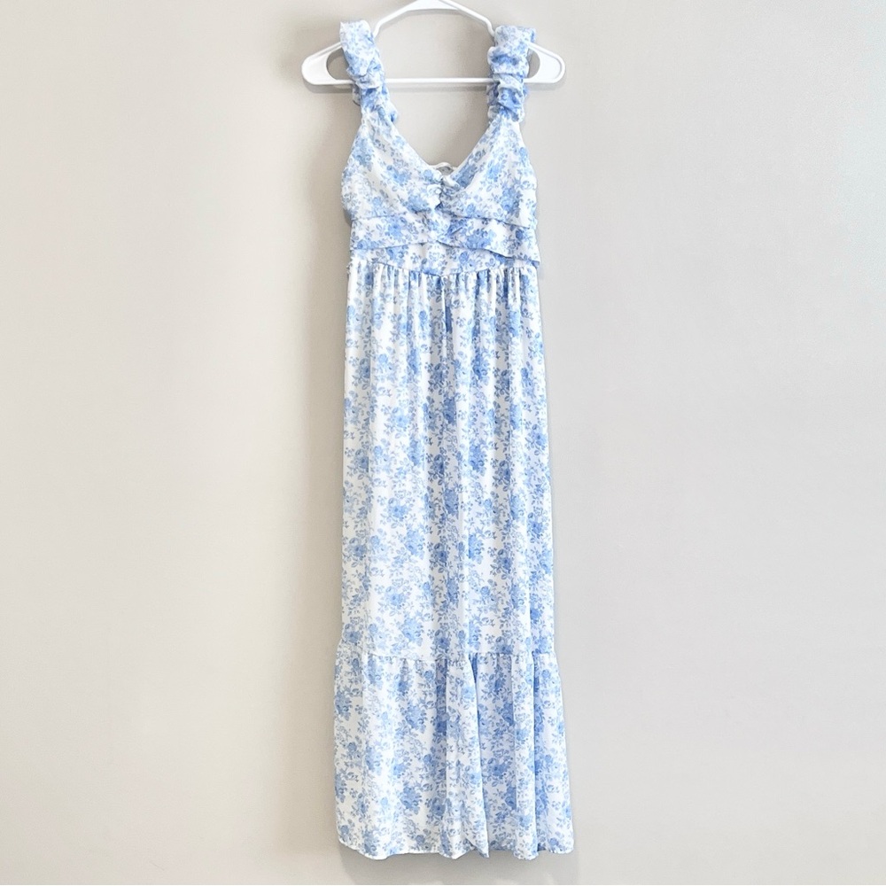 Altar'd State Blue Floral Sweetheart Tie Maxi Dress